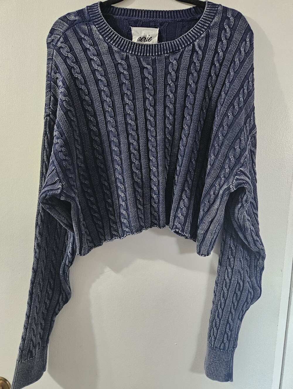 Aerie Blue Acid-Wash Cable Knit Cropped Sweater